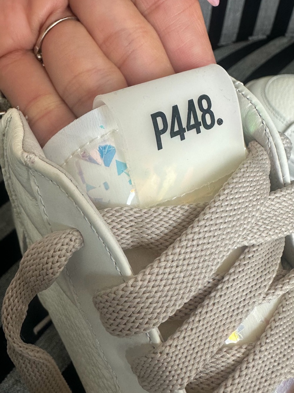 P448 Women’s White High-Top Sneakers with Taupe Laces - Picture 2 of 16